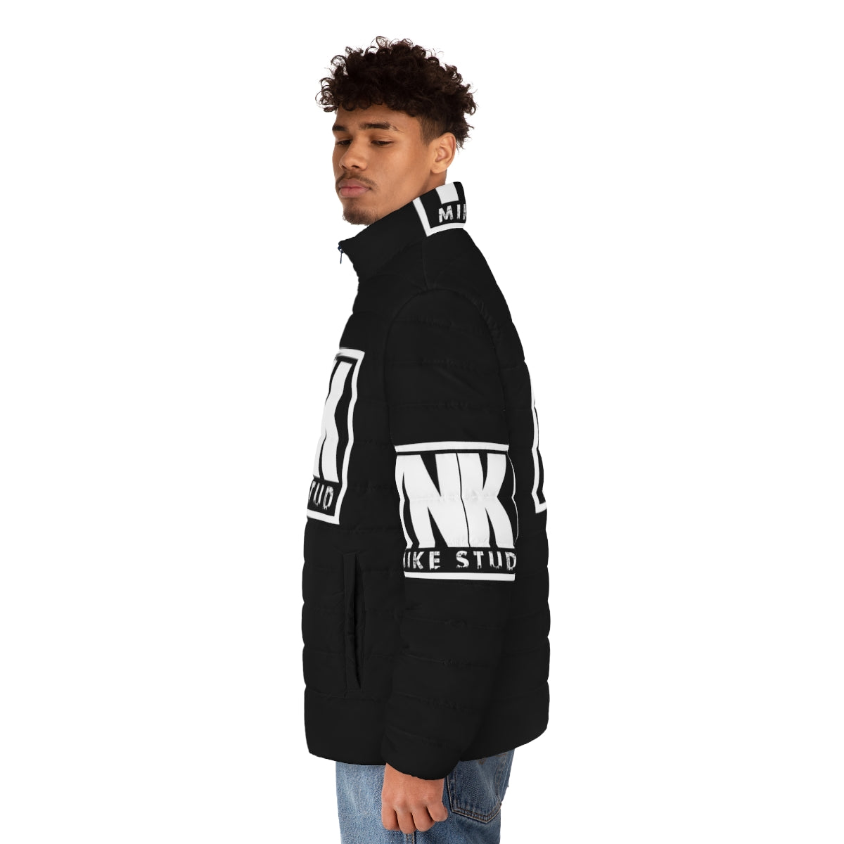 Ynk Mike Stud inspired white puffer jacket with fan art design - men side left