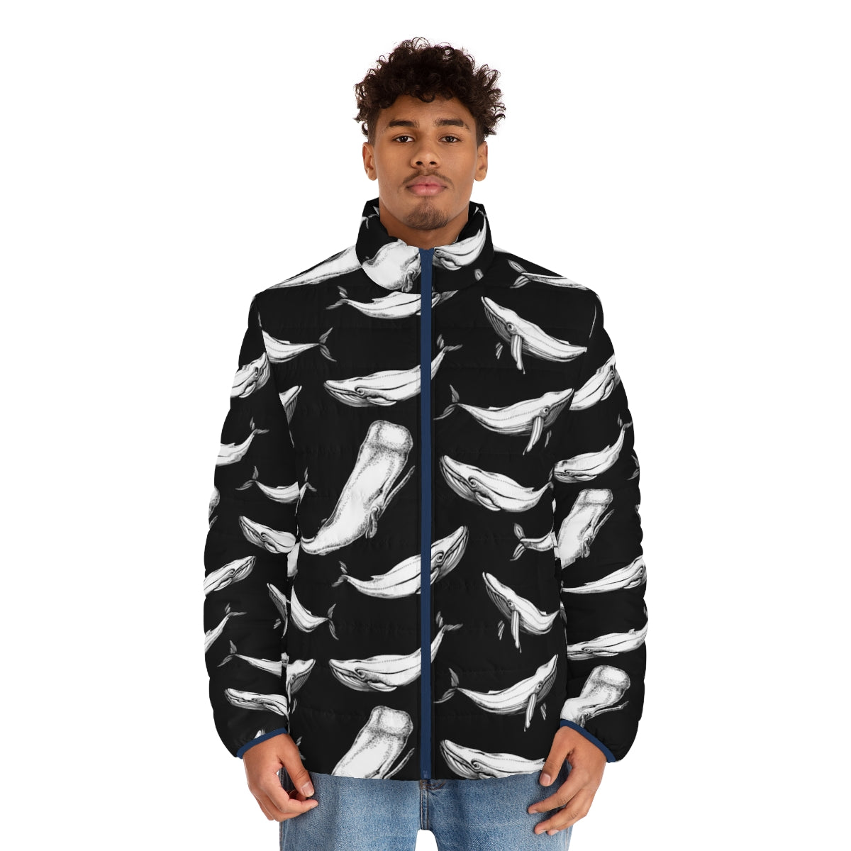 Black patterned puffer jacket with whales and whale graphics - men front