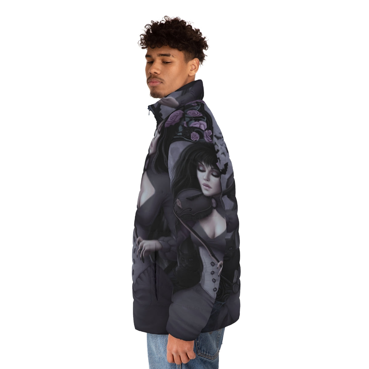 Nocturne Puffer Jacket - Gothic fantasy-inspired outerwear with dark floral motifs - men side left