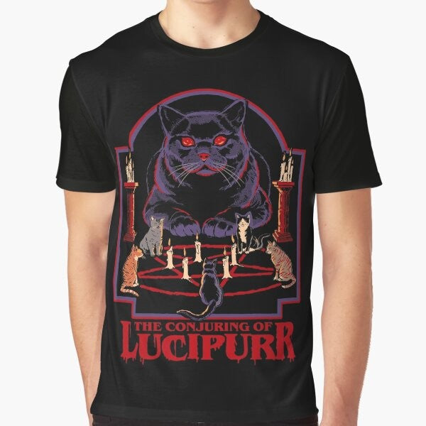 Lucipurr retro occult cat graphic t-shirt with pentagram and flames