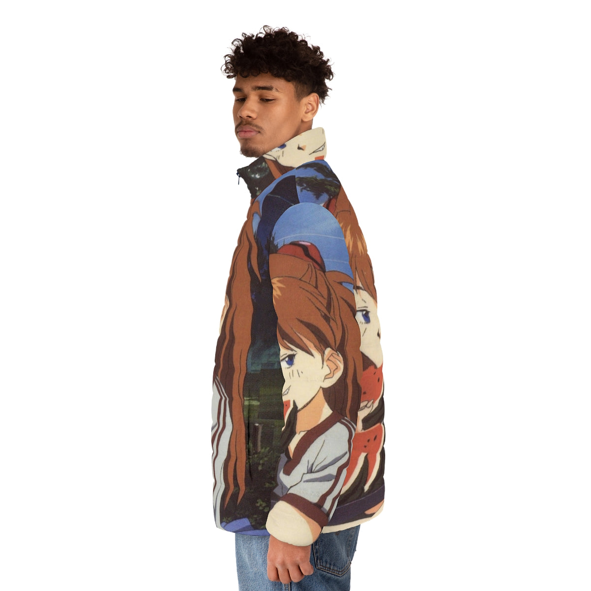 Smug anime-inspired puffer jacket with watermelon and Evangelion design - men side left