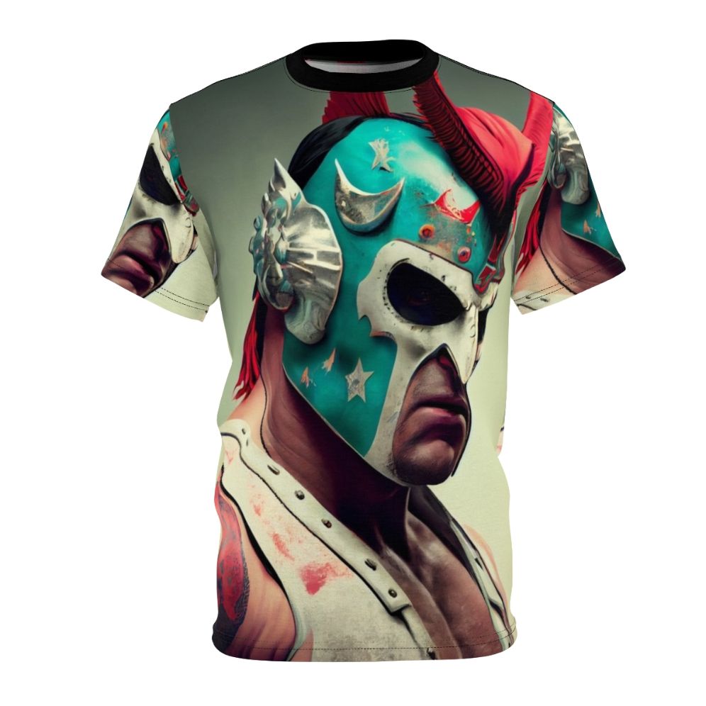 Illustration of a masked wrestler in a fighting stance on a t-shirt design