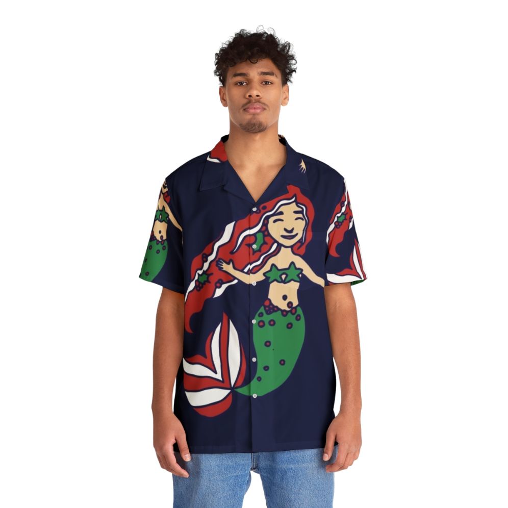 Mermaid Hawaiian Shirt with Christmas Motif - People Front