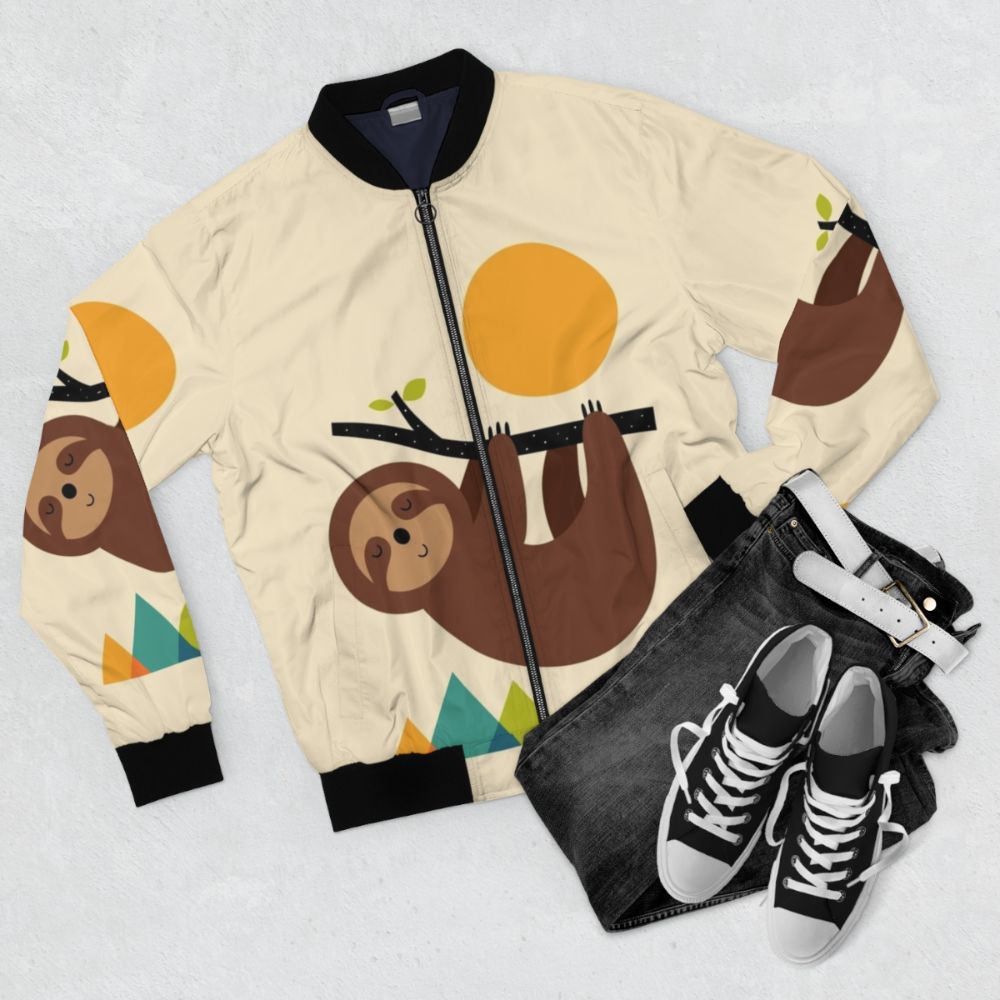 Cute and funny sloth character printed on a bomber jacket - Flat lay