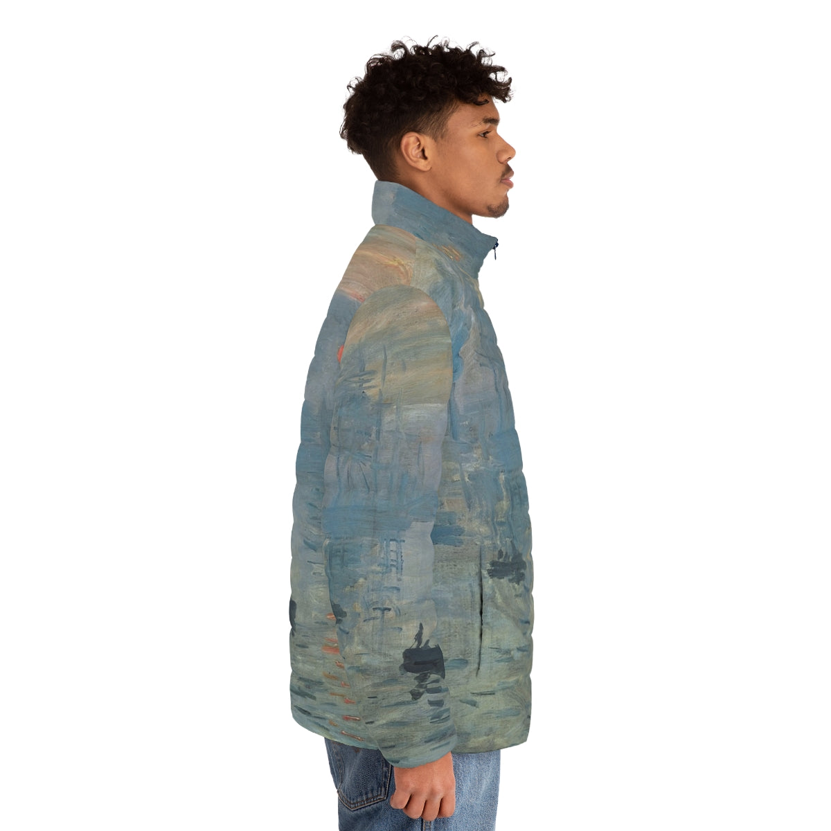 Claude Monet's Impression, Sunrise fine art puffer jacket with impressionist painting - men side right