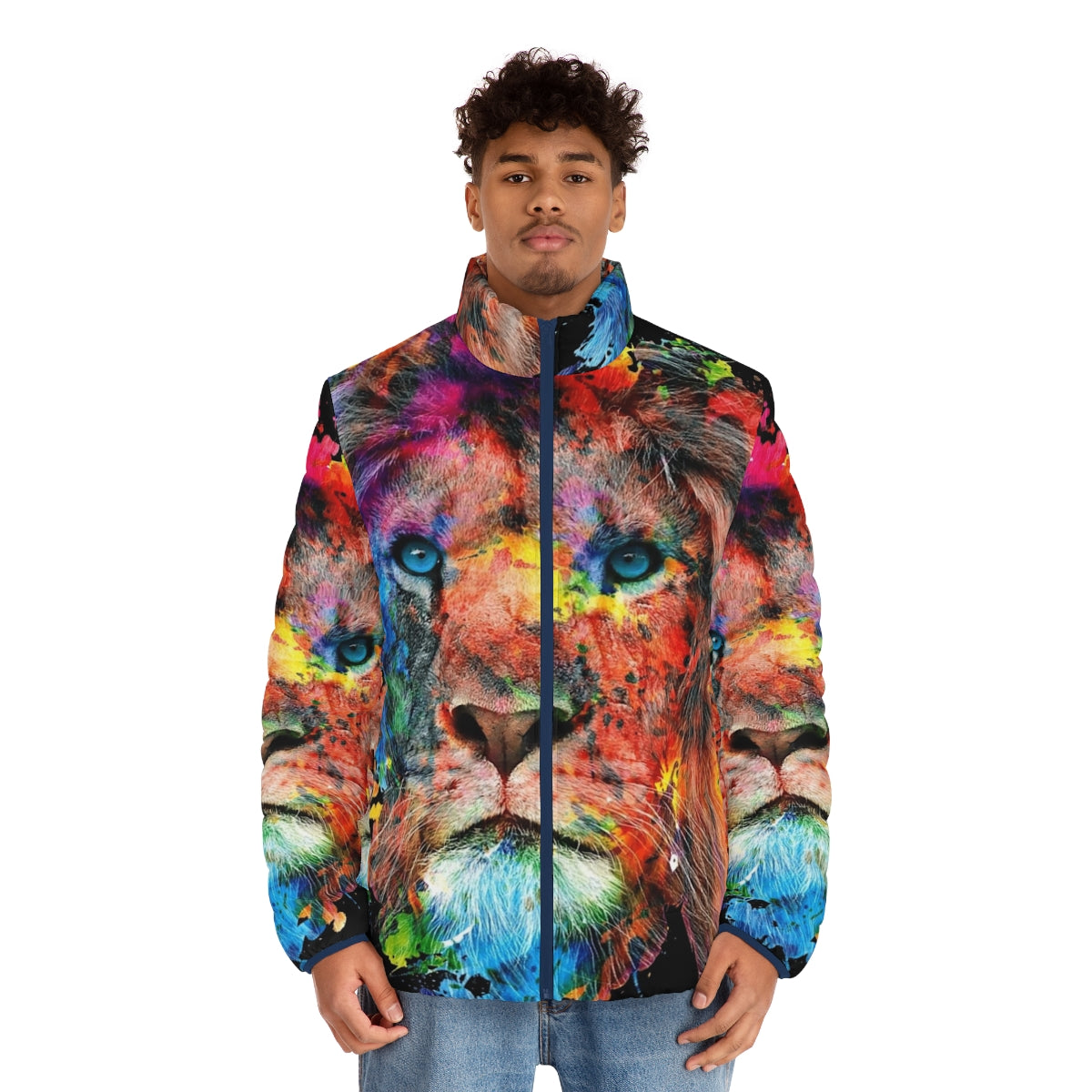 Vibrant watercolor painting of a majestic lion on a cozy puffer jacket - men front