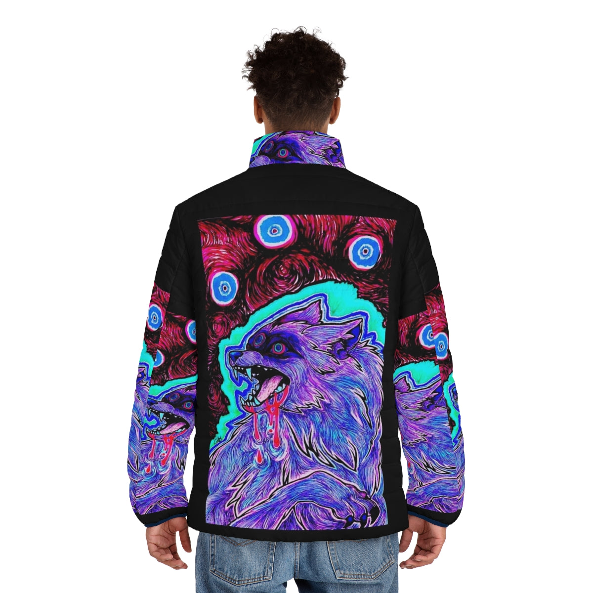 Psychedelic puffer jacket with surreal animal head design - men back