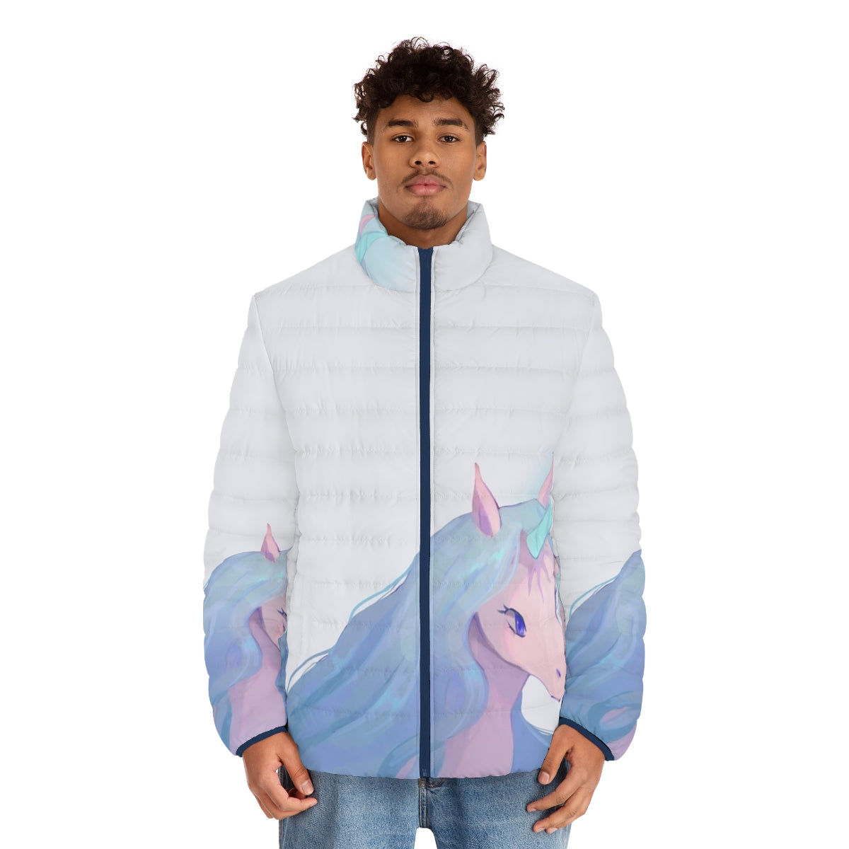 The Last Unicorn illustration printed on a puffer jacket for unicorn lovers - men front