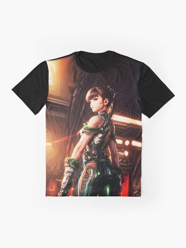 Stellar Blade video game graphic t-shirt featuring a bold and colorful design - Flat lay