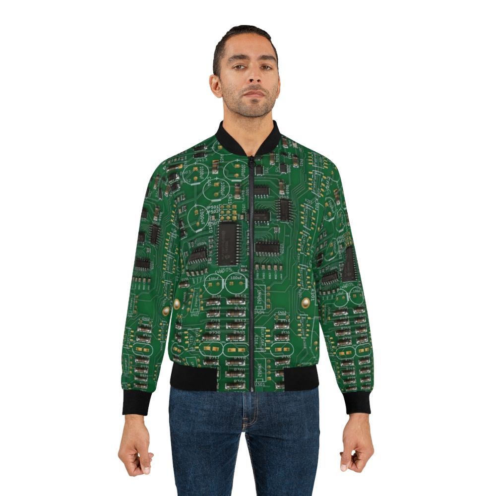 Vintage PCB Printed Circuit Board Bomber Jacket with retro and classic electronics design - Lifestyle