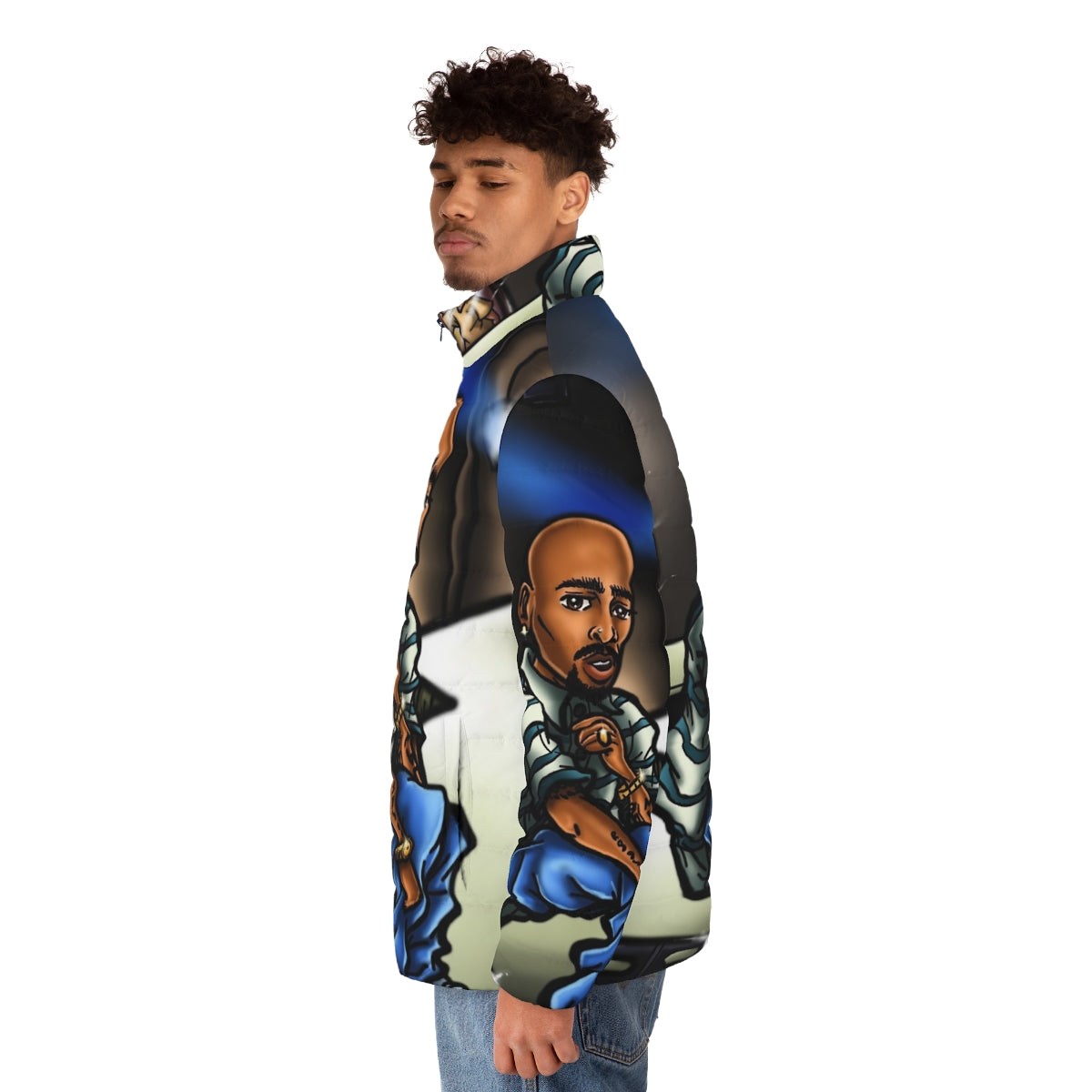 Puffer jacket with anime-inspired airbrush art design - men side left