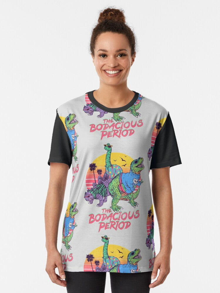 Retro dinosaur graphic t-shirt with a cool, funky design featuring a tyrannosaurus rex, stegosaurus, and other prehistoric creatures. - Women