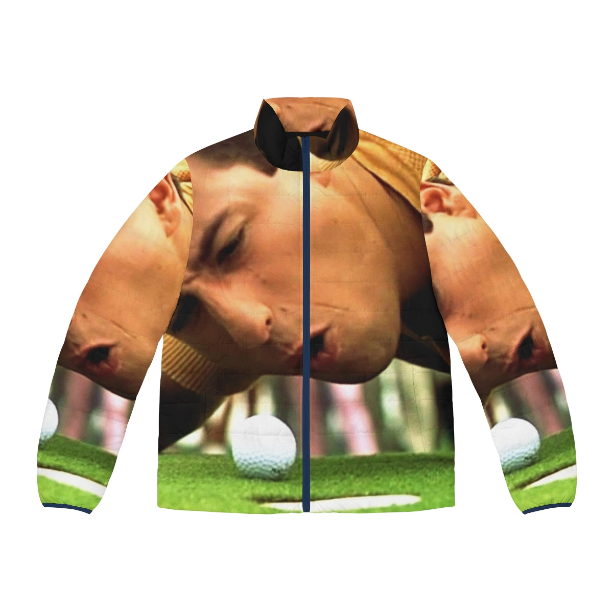 Funny golf puffer jacket featuring comedic design and aesthetic appeal