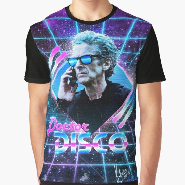 Retro "Doctor DISCO" graphic t-shirt featuring the image of the Twelfth Doctor, Peter Capaldi, in a vibrant, 80s-inspired neon style.