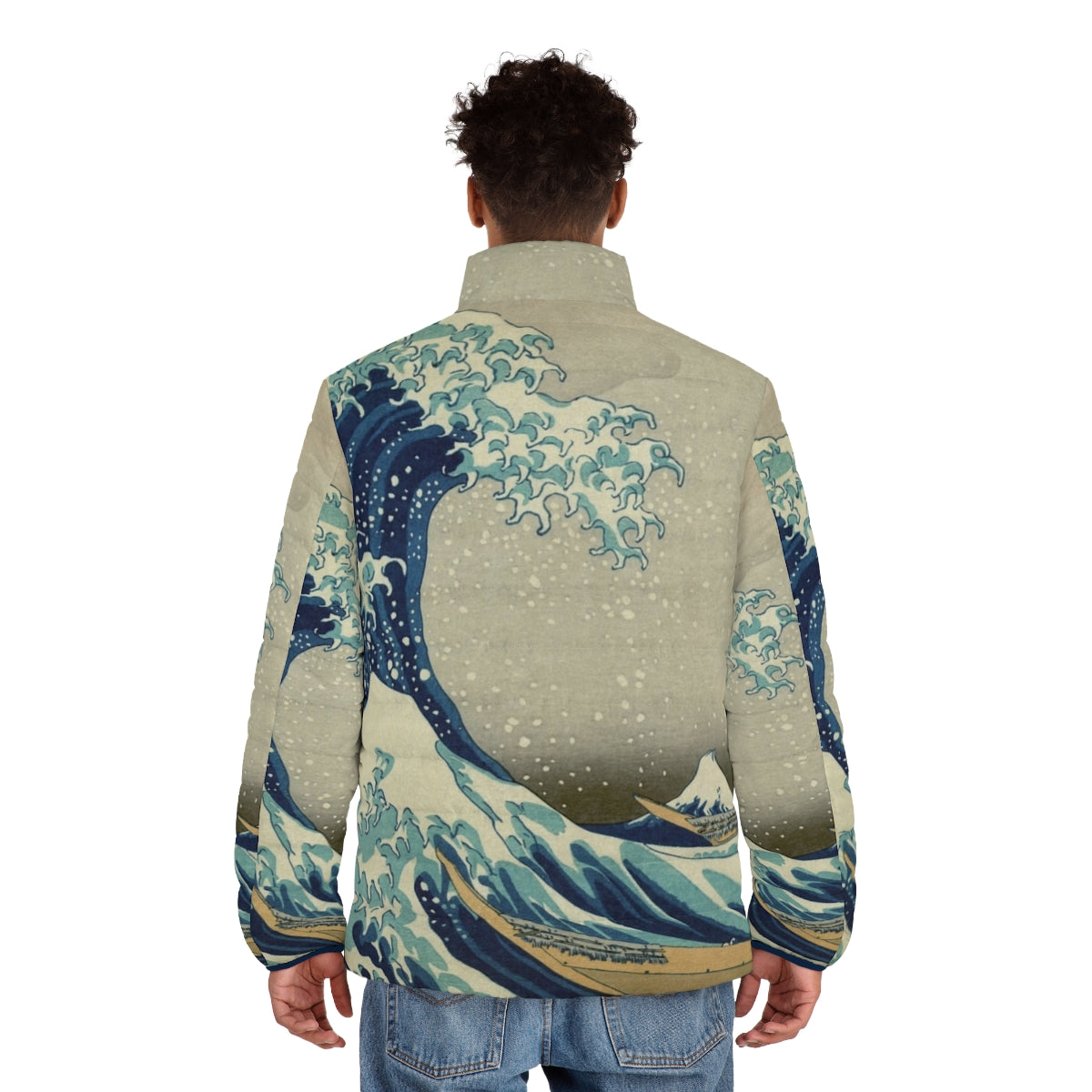 A puffer jacket featuring the iconic "The Great Wave off Kanagawa" Japanese woodblock print design - men back