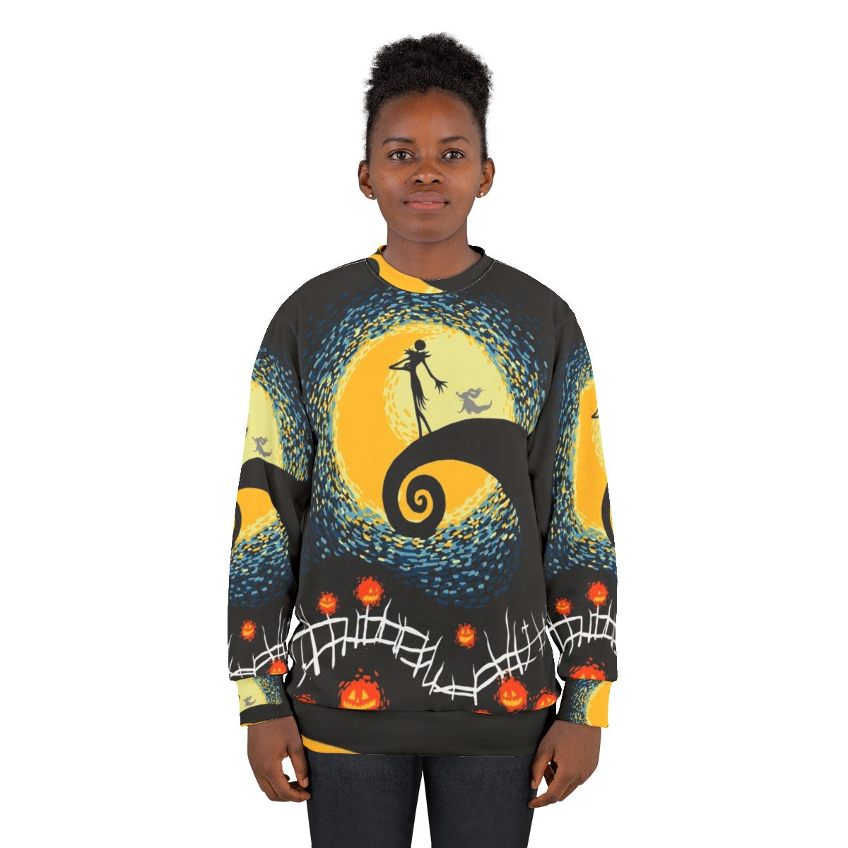 Starry Nightmare Sweatshirt - Artistic Halloween Clothing Featuring Jack Skellington and Starry Night Designs - women