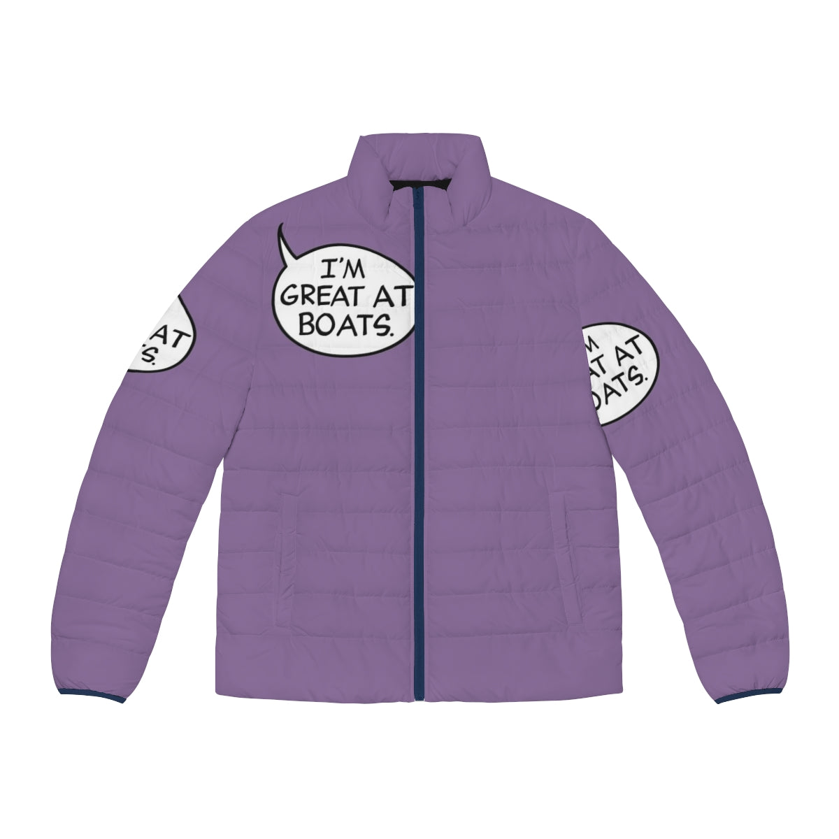 Hawkeye puffer jacket with "I'm Great at Boats" text and a talk bubble graphic