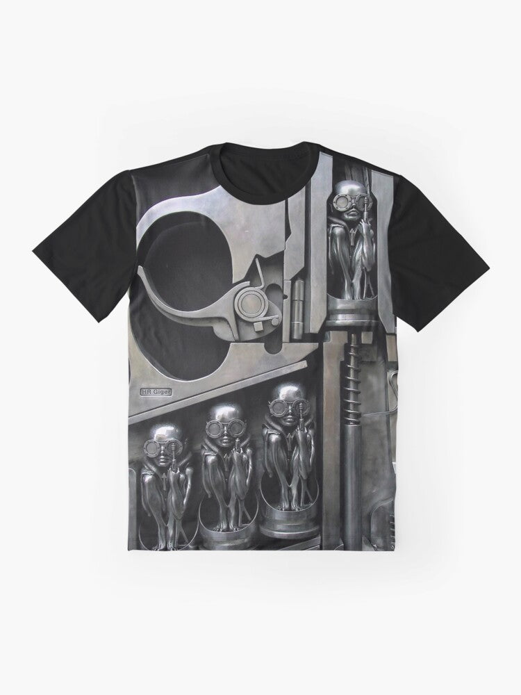 H.R. Giger inspired t-shirt featuring a graphic design of a female sculpture with machinery and alien elements - Flat lay