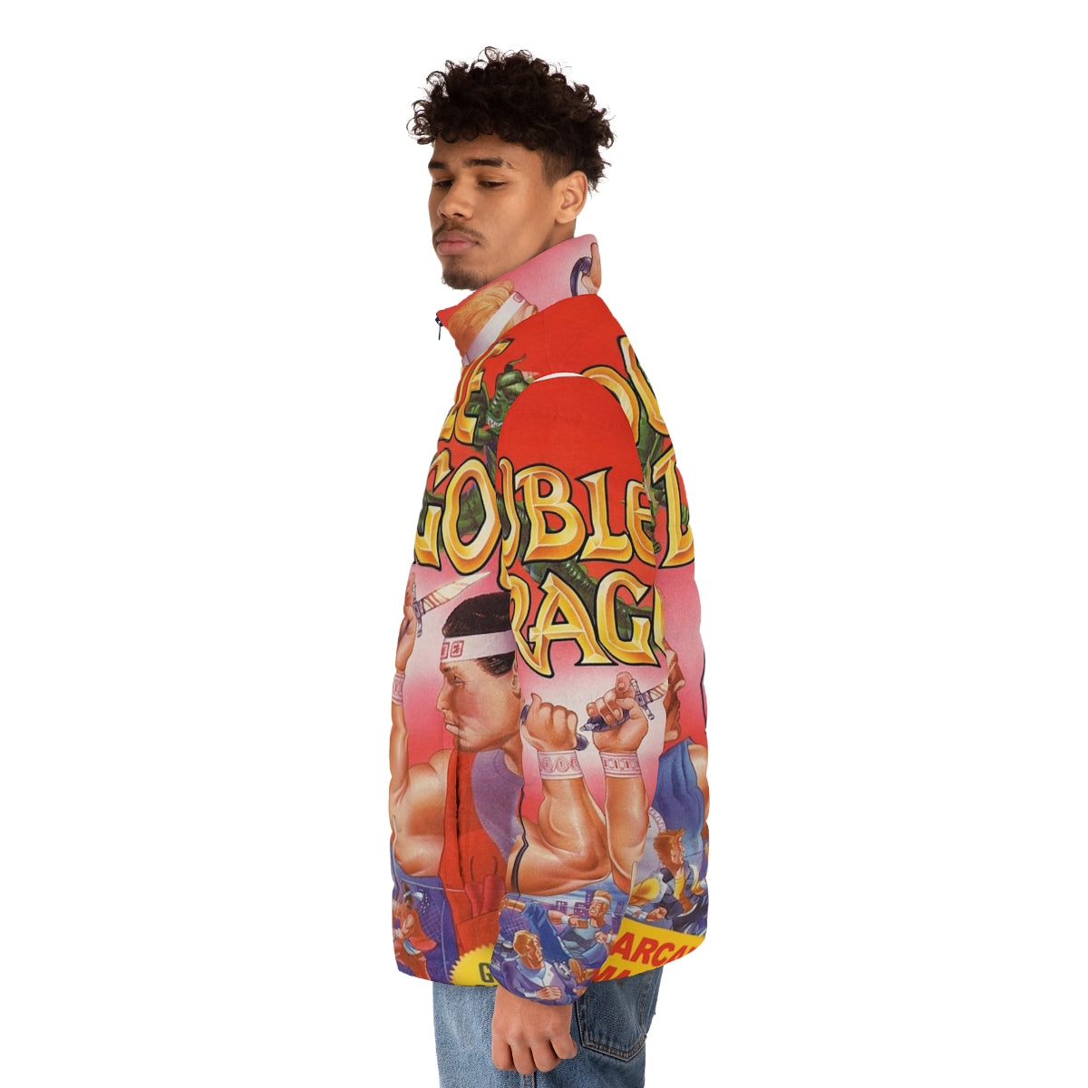 Double Dragon inspired puffer jacket with retro video game graphics - men side left