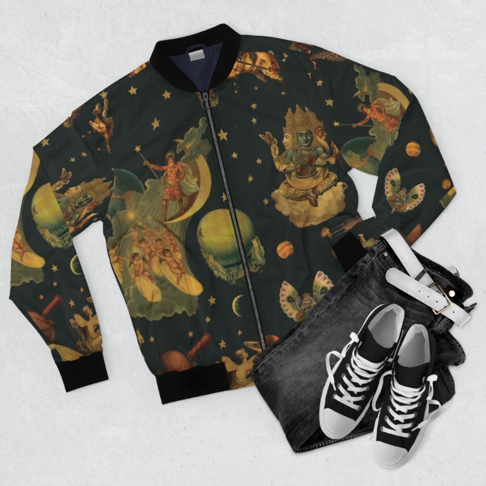 Mellon Collie Buddha Cover Art Bomber Jacket with grunge and butterfly design - Flat lay