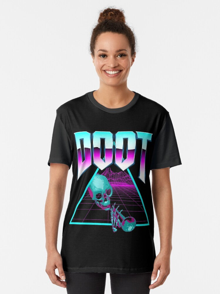 Outrun vaporwave and synthwave graphic t-shirt with retro 80s/90s aesthetic, palm trees, and meme-inspired "doot" design - Women