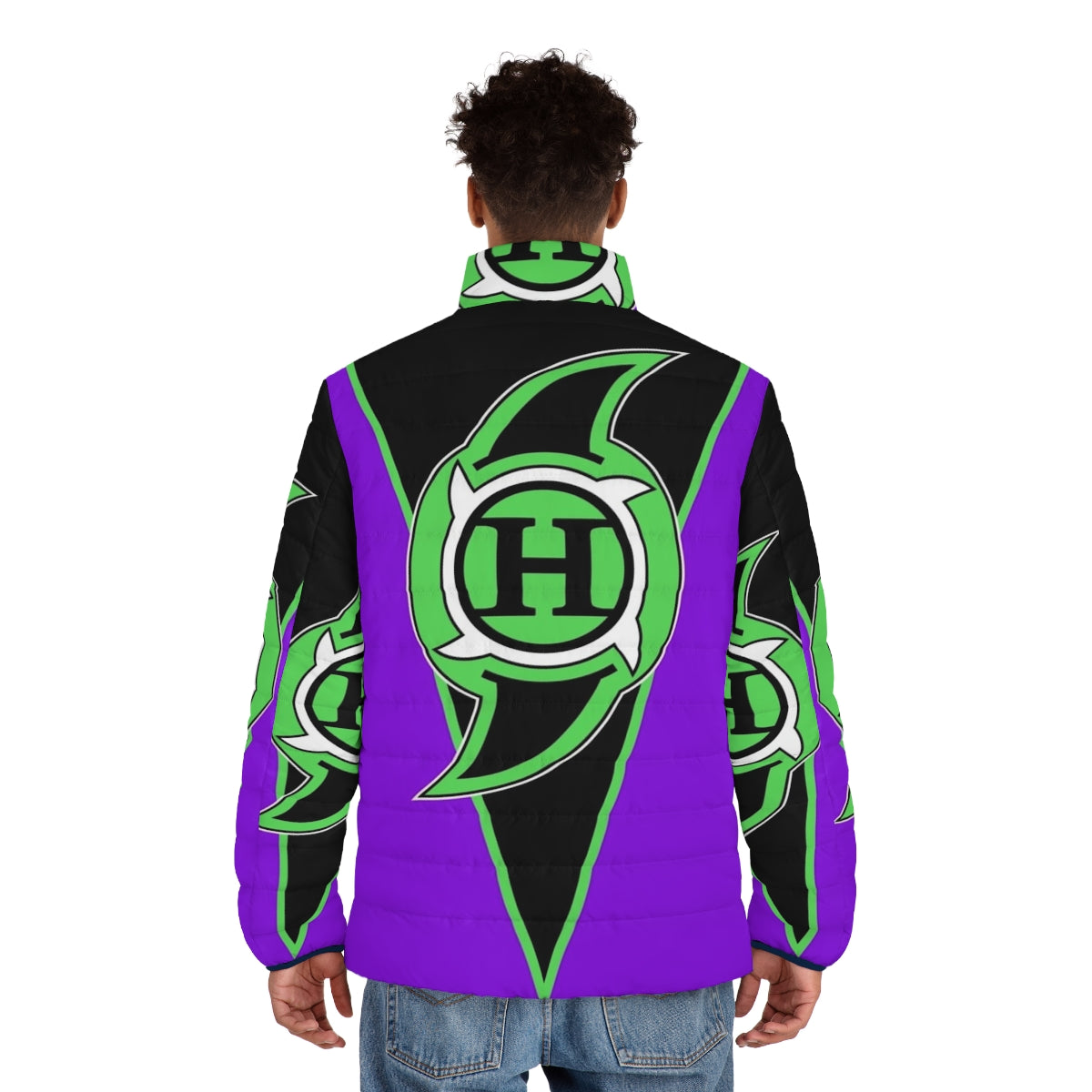 A classic purple puffer jacket with a hurricane logo, perfect for wrestling fans and cosplay - men back