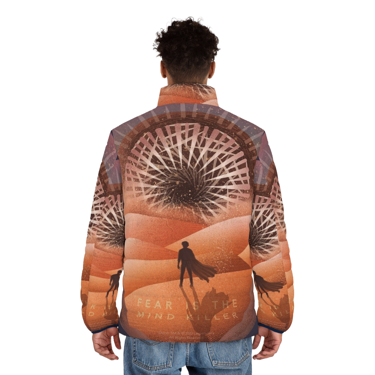 Dune The Fear Is The Mind Killer Puffer Jacket featuring a sandworm design - men back