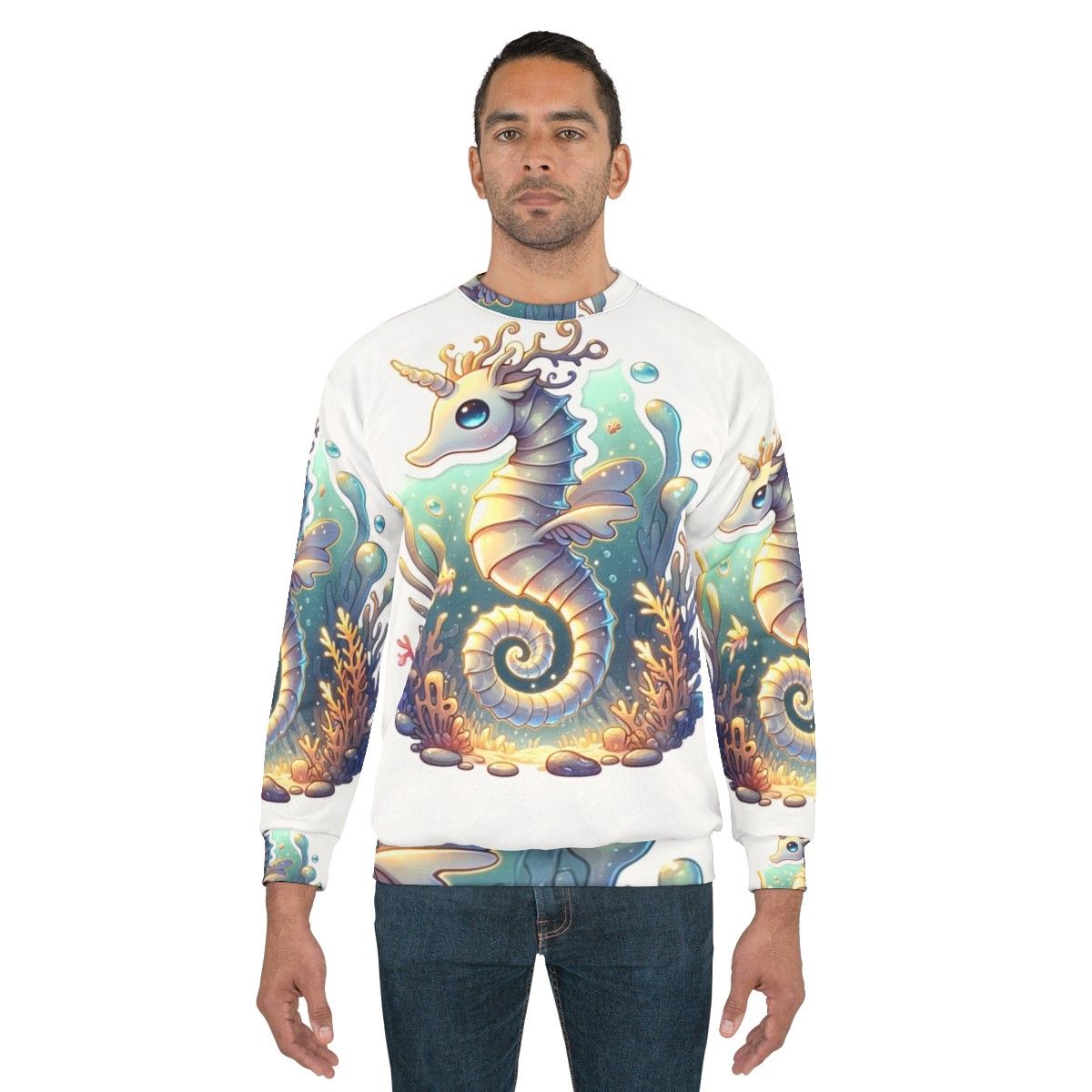 Legendary fantasy seahorse and deer graphic on a sweatshirt - men