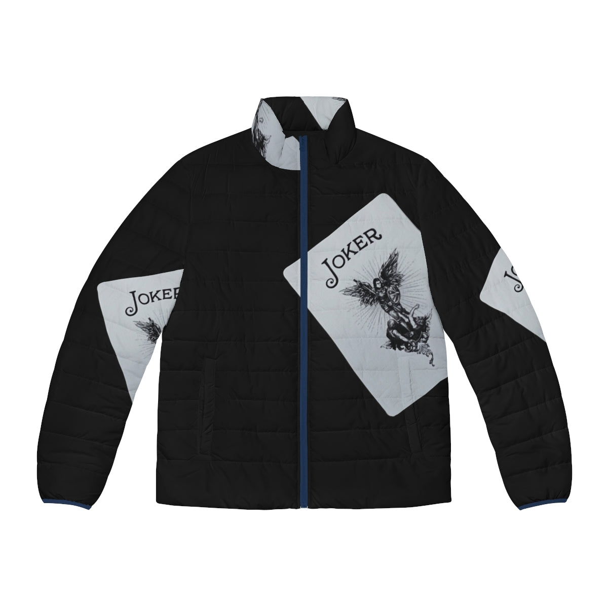 Joker Puffer Jacket with playing cards and tarot cards in the background