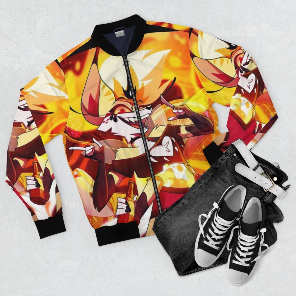 Helluva Boss Beelzebub Anime Bomber Jacket featuring the demon lord Beelzebub from the popular series - Flat lay