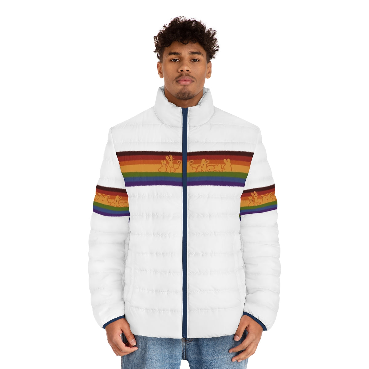 A colorful puffer jacket featuring a design of cute rabbits in rainbow pride colors - men front