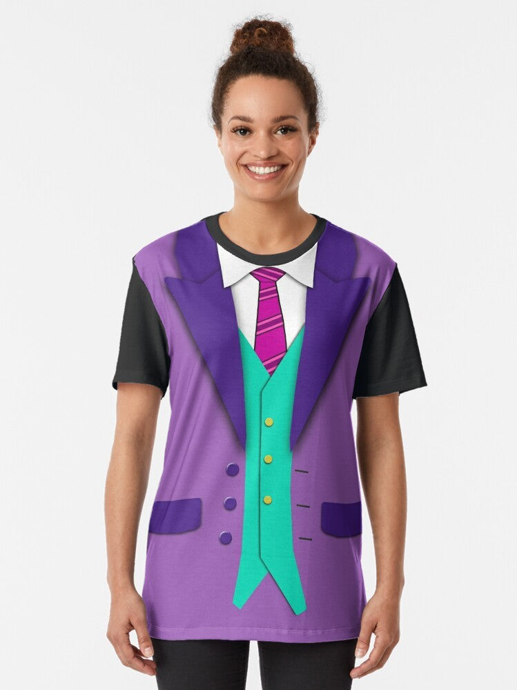 Graphic t-shirt featuring a colorful suit, tie, and vest design - Women