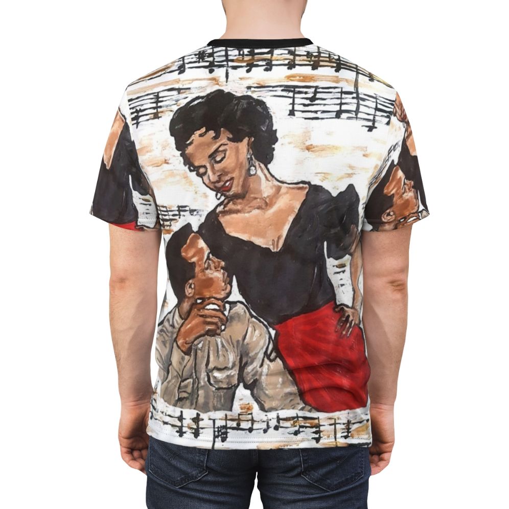 Vintage-inspired T-shirt featuring a Carmen Jones-themed design with musical elements and references to Black Hollywood glamour. - men back