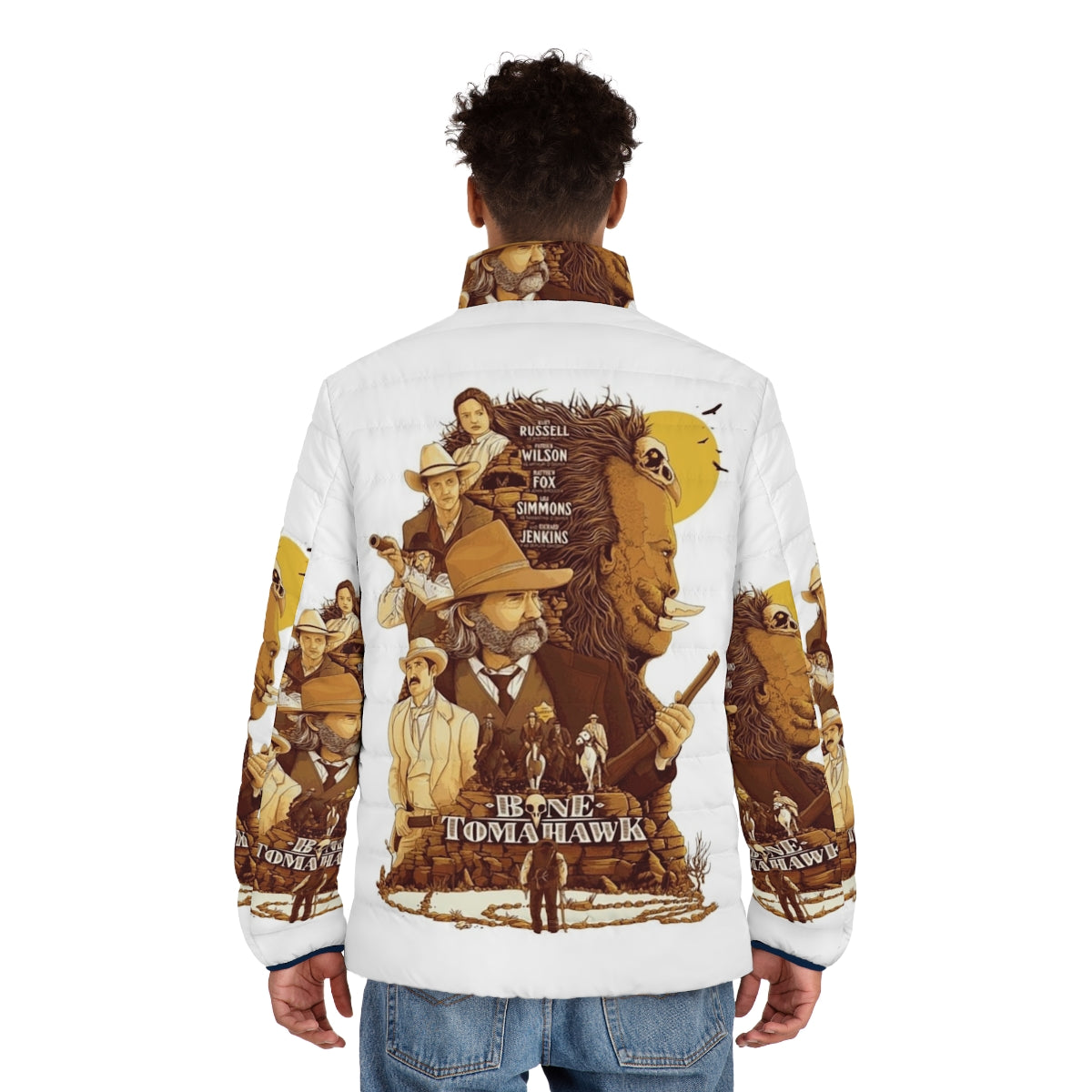 Bone Tomahawk Western Movie Puffer Jacket with Vintage Wild West Inspired Artwork - men back