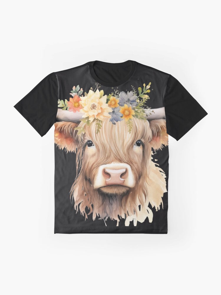 Cute baby highland cow graphic on a white t-shirt - Flat lay