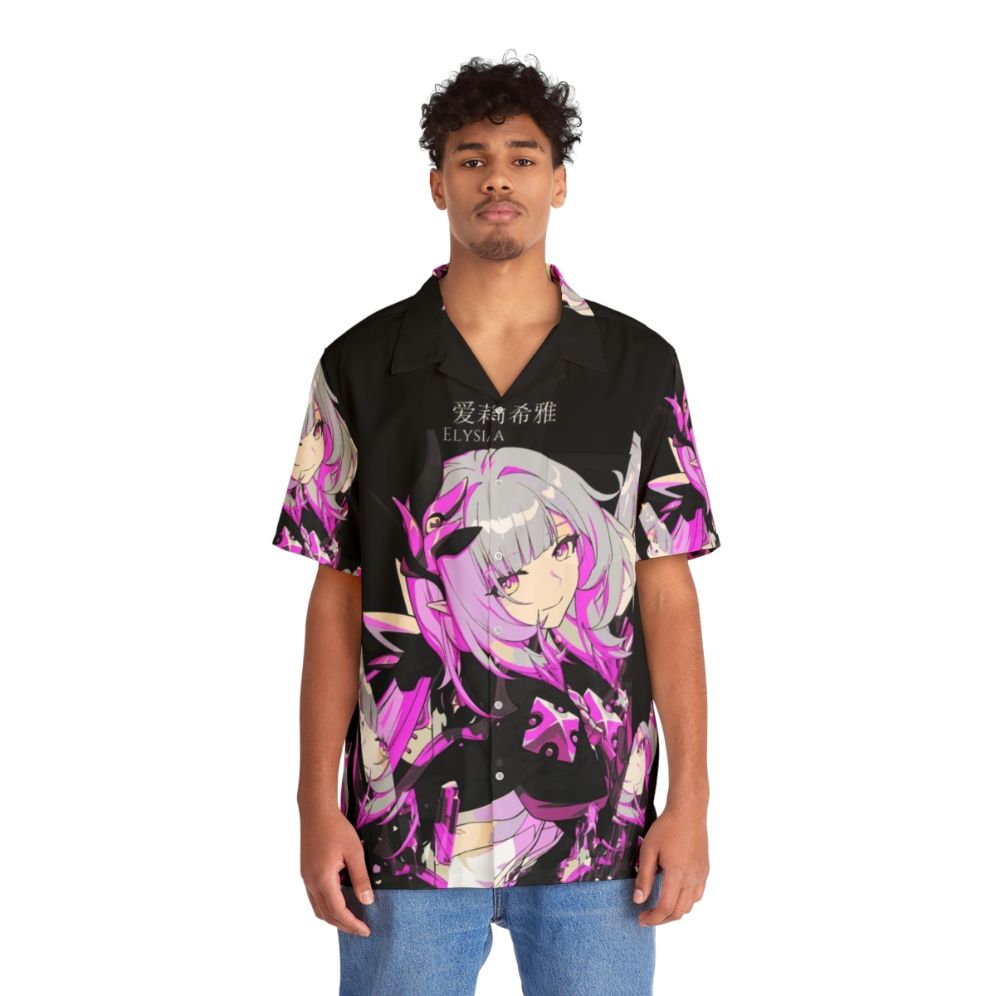 Elysia-inspired Hawaiian shirt with vibrant crystal and hieroglyph design - People Front