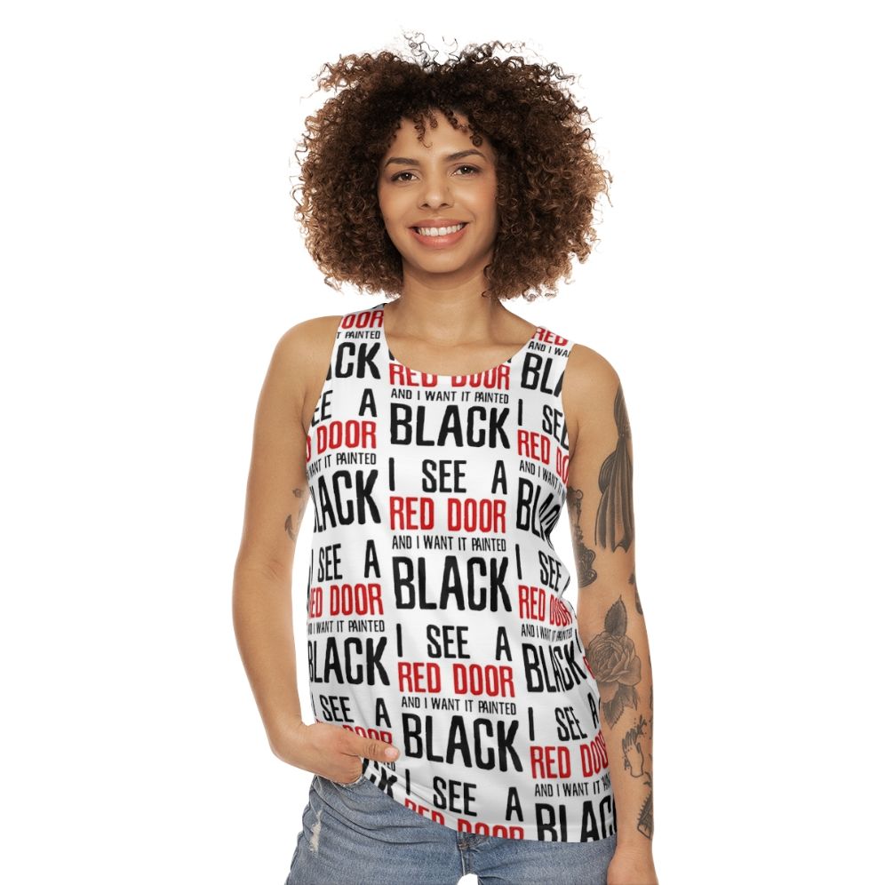 Unisex tank top with "Paint It Black" lyrics and Rolling Stones logo - women