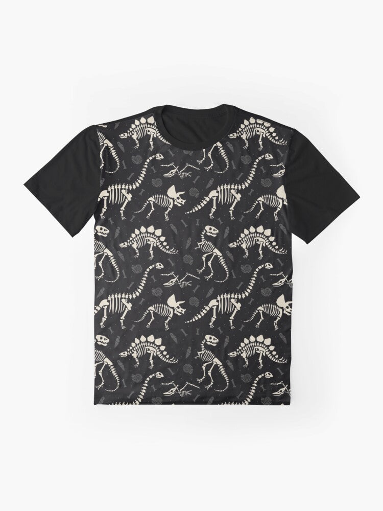 Black t-shirt with a graphic design of dinosaur fossils and bones. - Flat lay