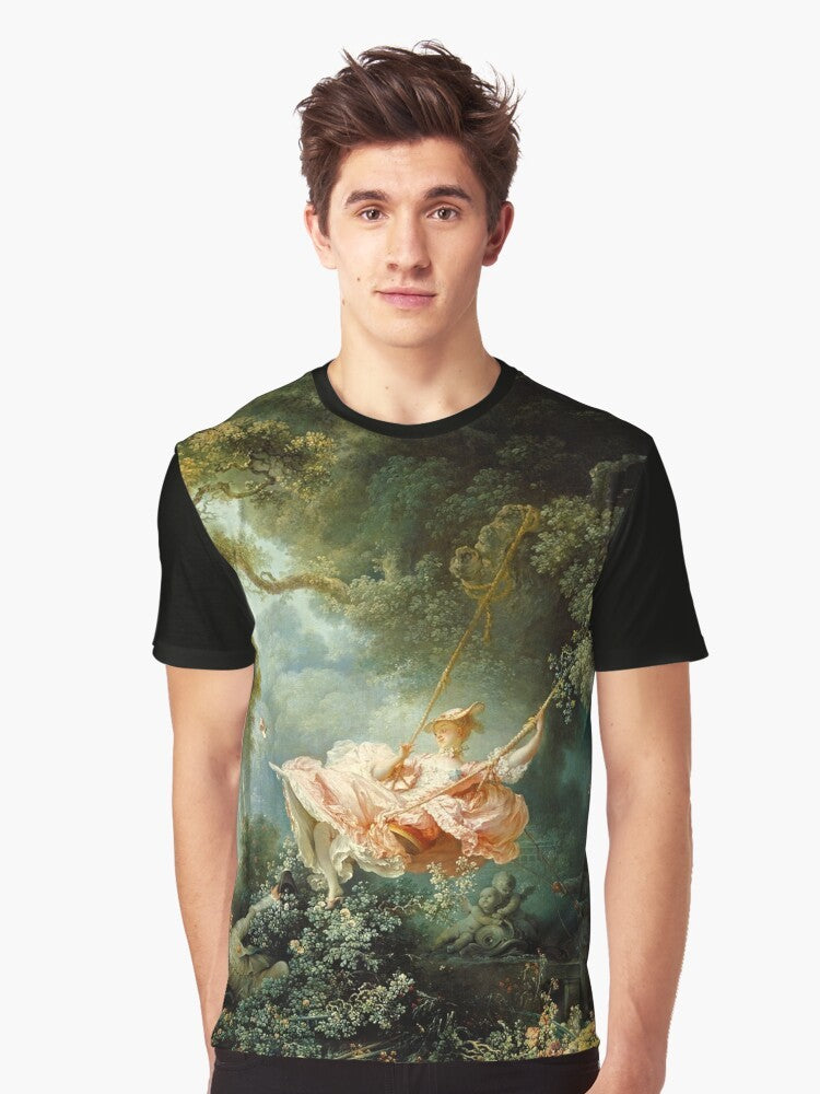 Graphic t-shirt featuring the famous painting "The Swing" by French Rococo artist Jean-Honoré Fragonard. - Men