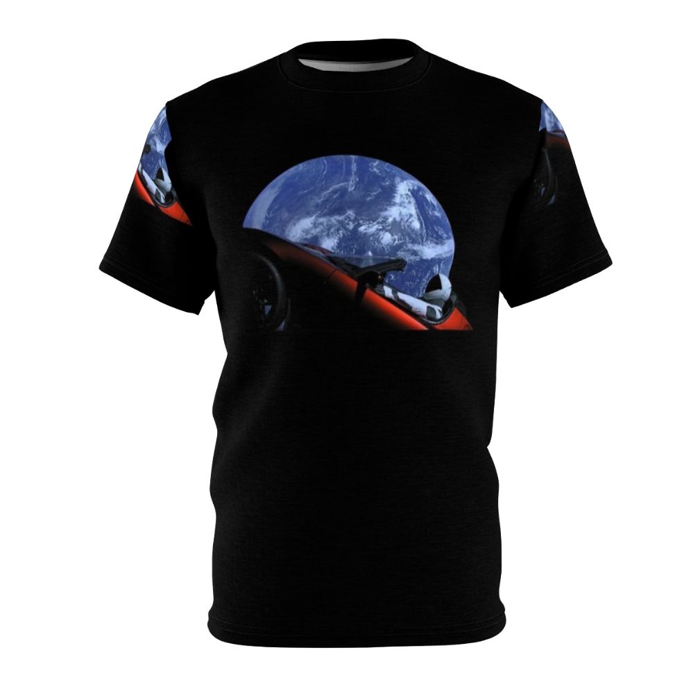 Starman in Tesla Roadster floating in space, custom printed t-shirt design