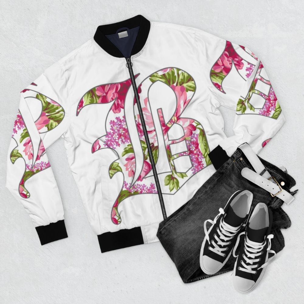 Floral Beartooth Design Bomber Jacket with Vibrant Flower Patterns - Flat lay