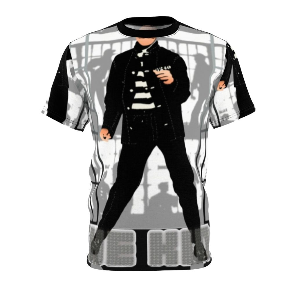 Vintage-style all-over print t-shirt featuring the iconic image of Elvis Presley, the 'King of Rock and Roll'.