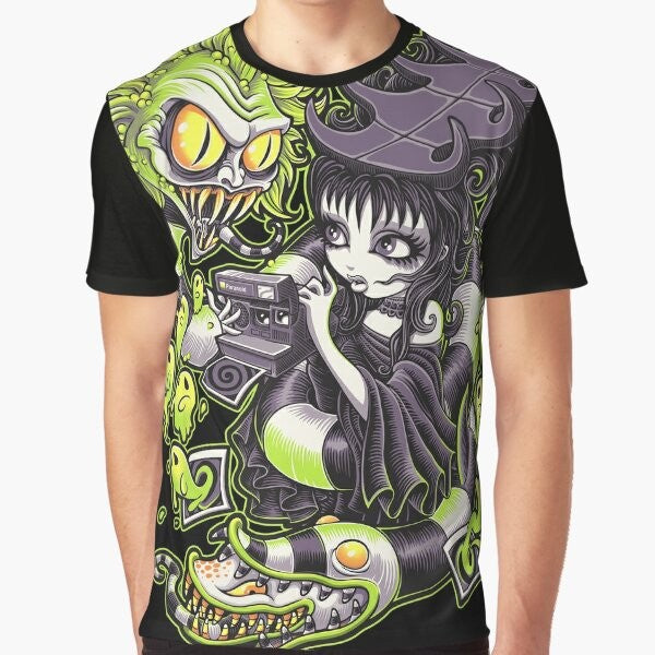 Beetlejuice-inspired graphic t-shirt with gothic horror elements including snake, zombie, and tattoo designs