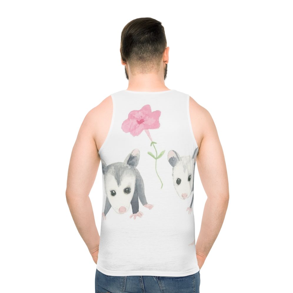 Baby opossum and pink petunia print on a unisex tank top - men back