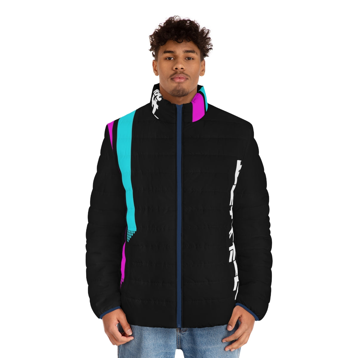 A vibrant 1980s-inspired puffer jacket with a vaporwave aesthetic design - men front