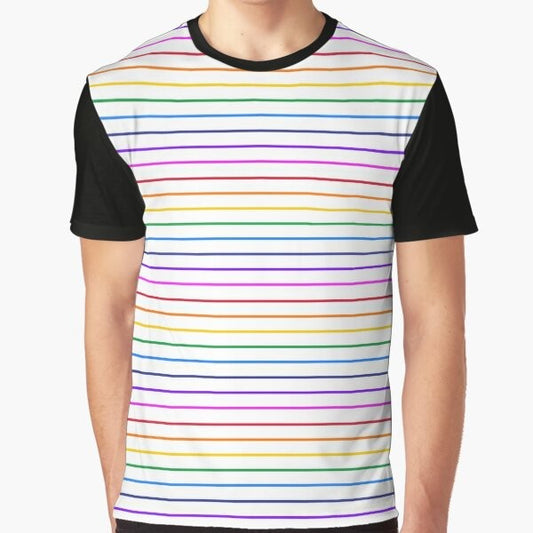 Bright rainbow horizontal stripe graphic t-shirt