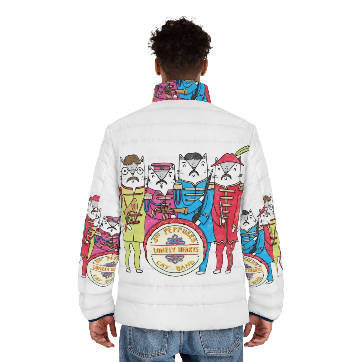 Sgt. Peppurr's Lonely Hearts Cats Band Puffer Jacket featuring a cat in a Beatles-inspired puffer coat - men back