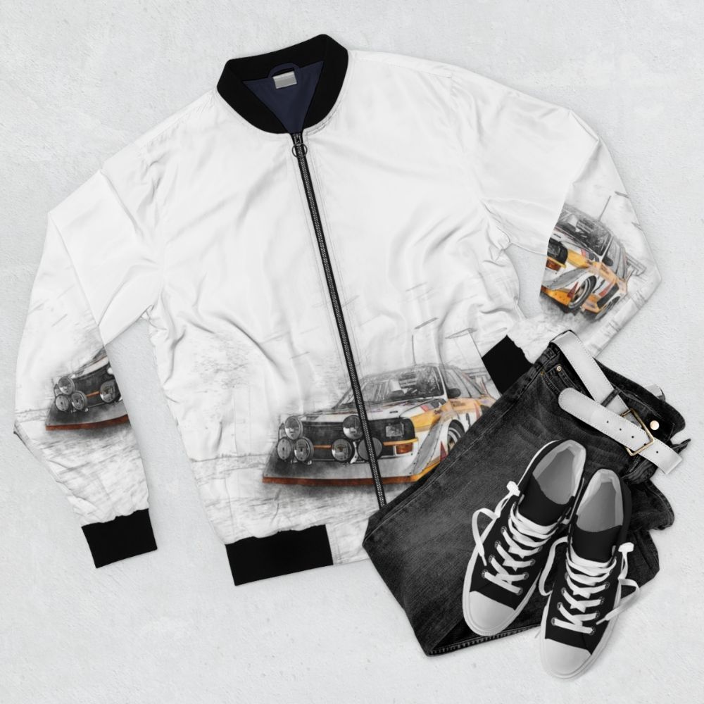 Bomber jacket featuring a rally car illustration with a painting effect, highlighting the motorsport and German automotive design. - Flat lay