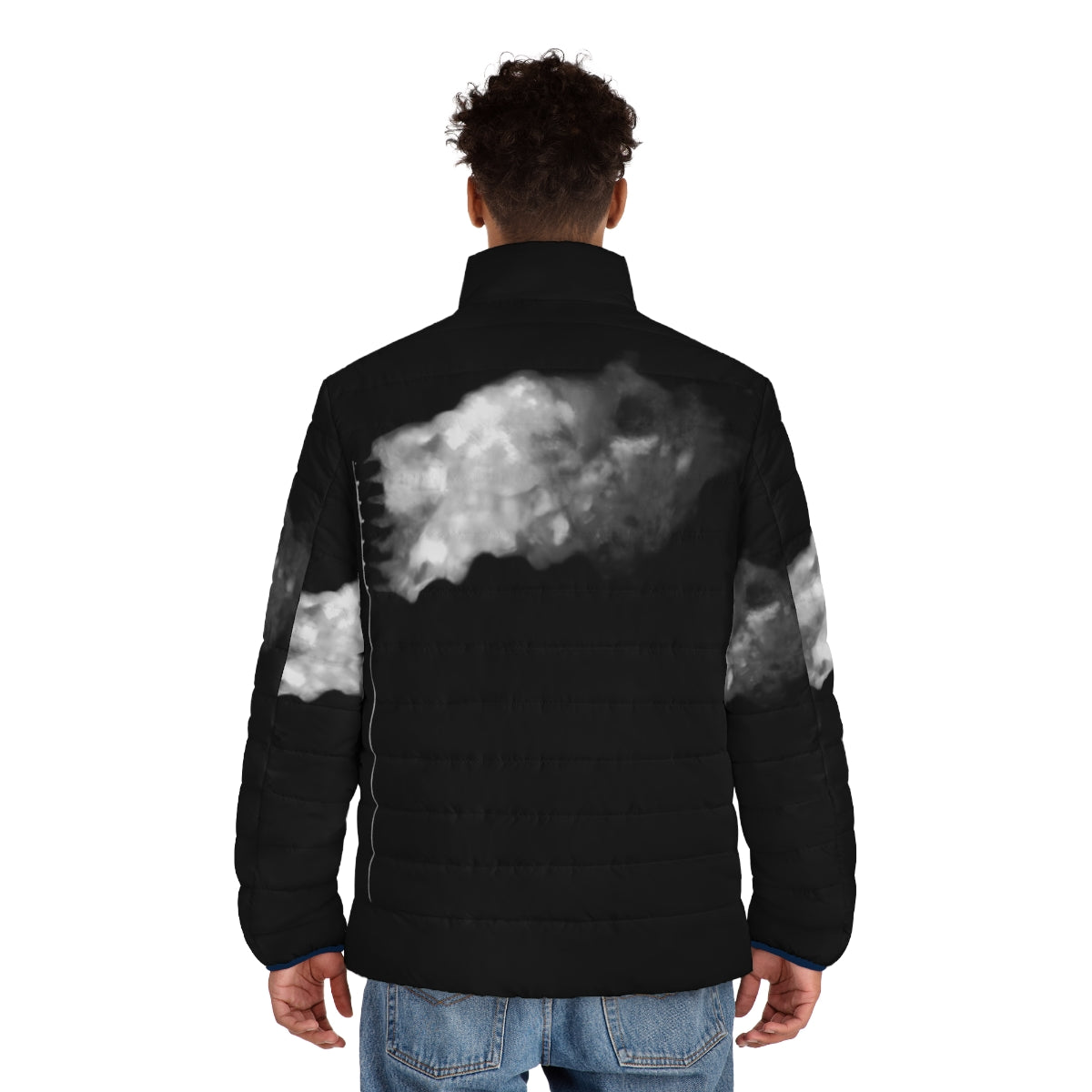 White puffer jacket with burning American flag graphic design - men back