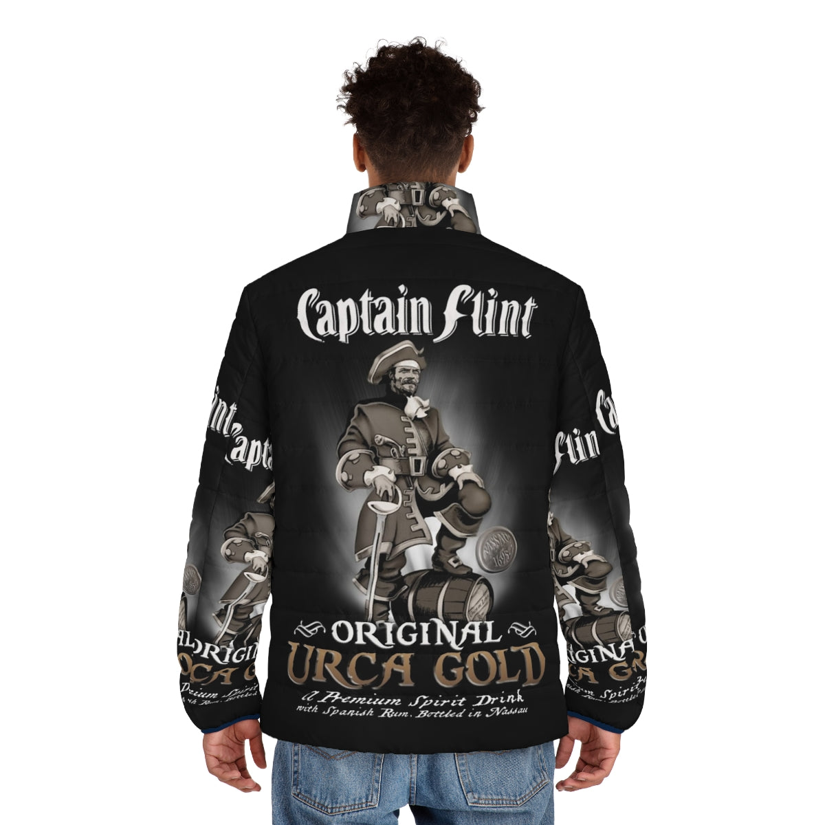 Captain Flint Rum Puffer Jacket with sails and nautical design - men back